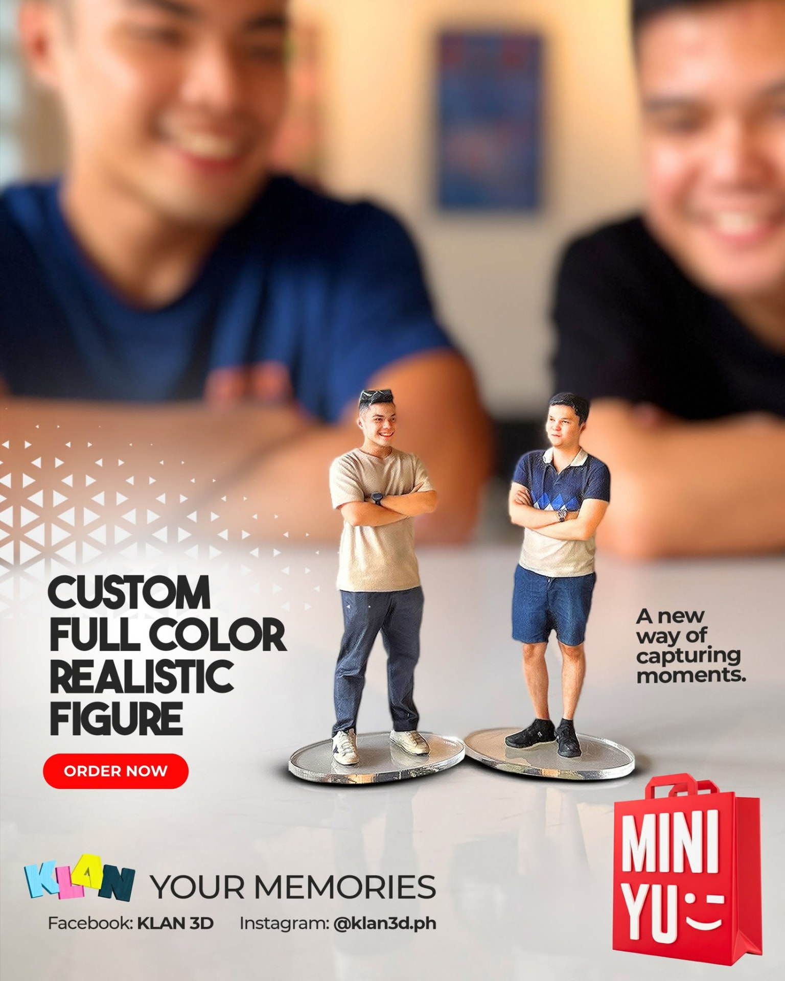 Two friends with their full-color 3D printed MINI YU figurines on the table