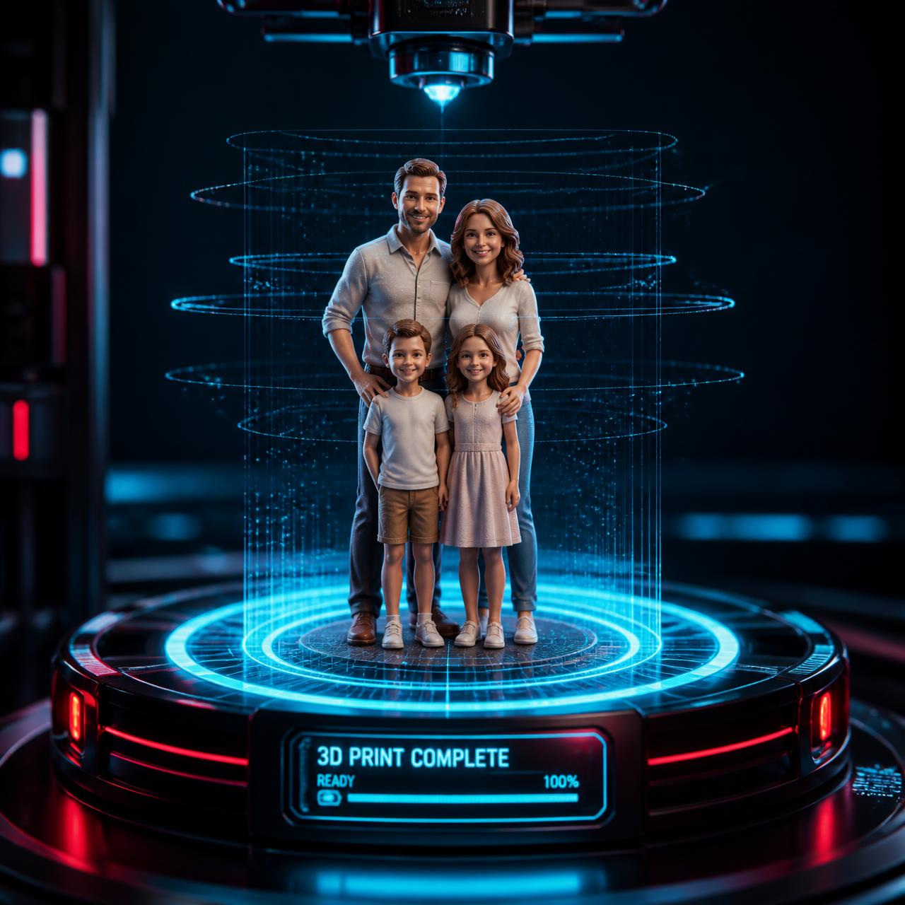 Full-color 3D printed family figurine on a holographic scanning platform