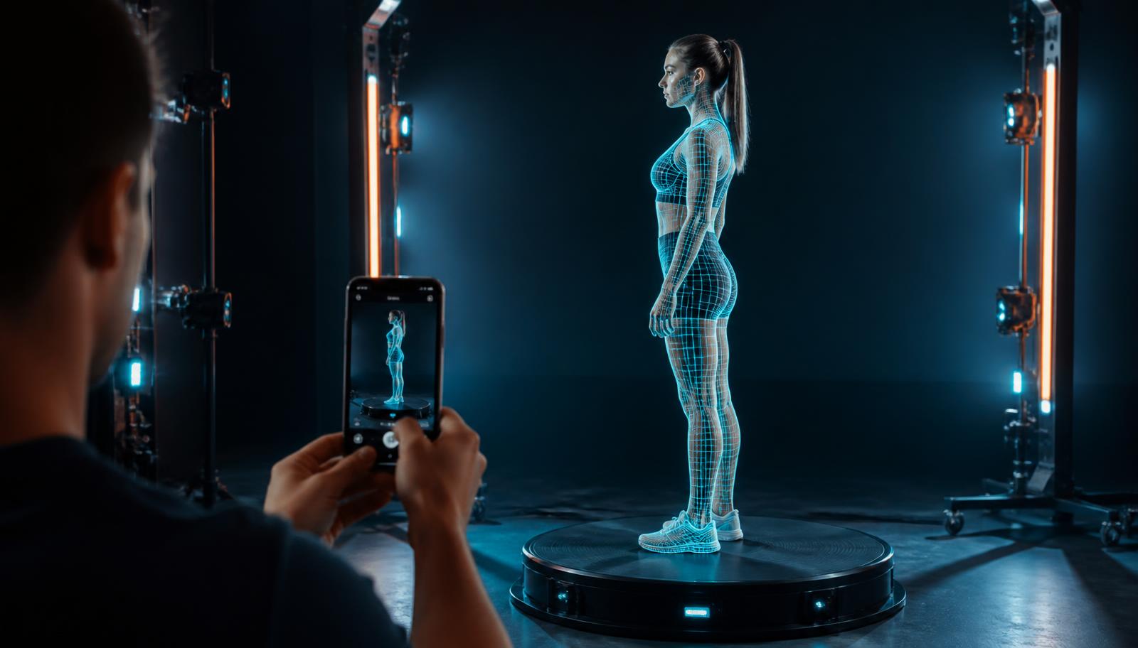 Smartphone capturing a 360° photo scan of a person with a neon scanning overlay